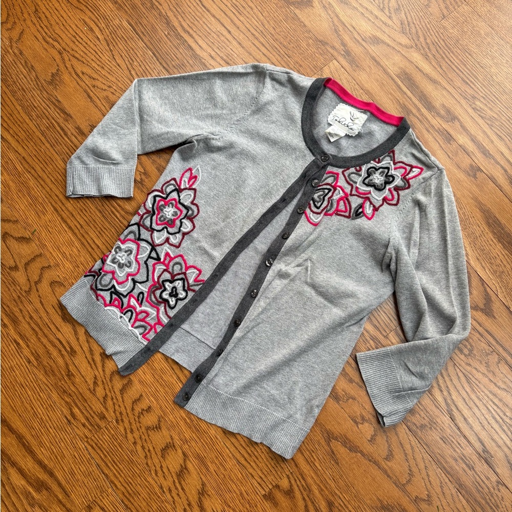 Anthropologie Floral Embroidered Gray Cardigan